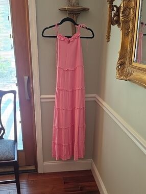Sleeveless Pink Tiered Maxi Dress with Tie Straps